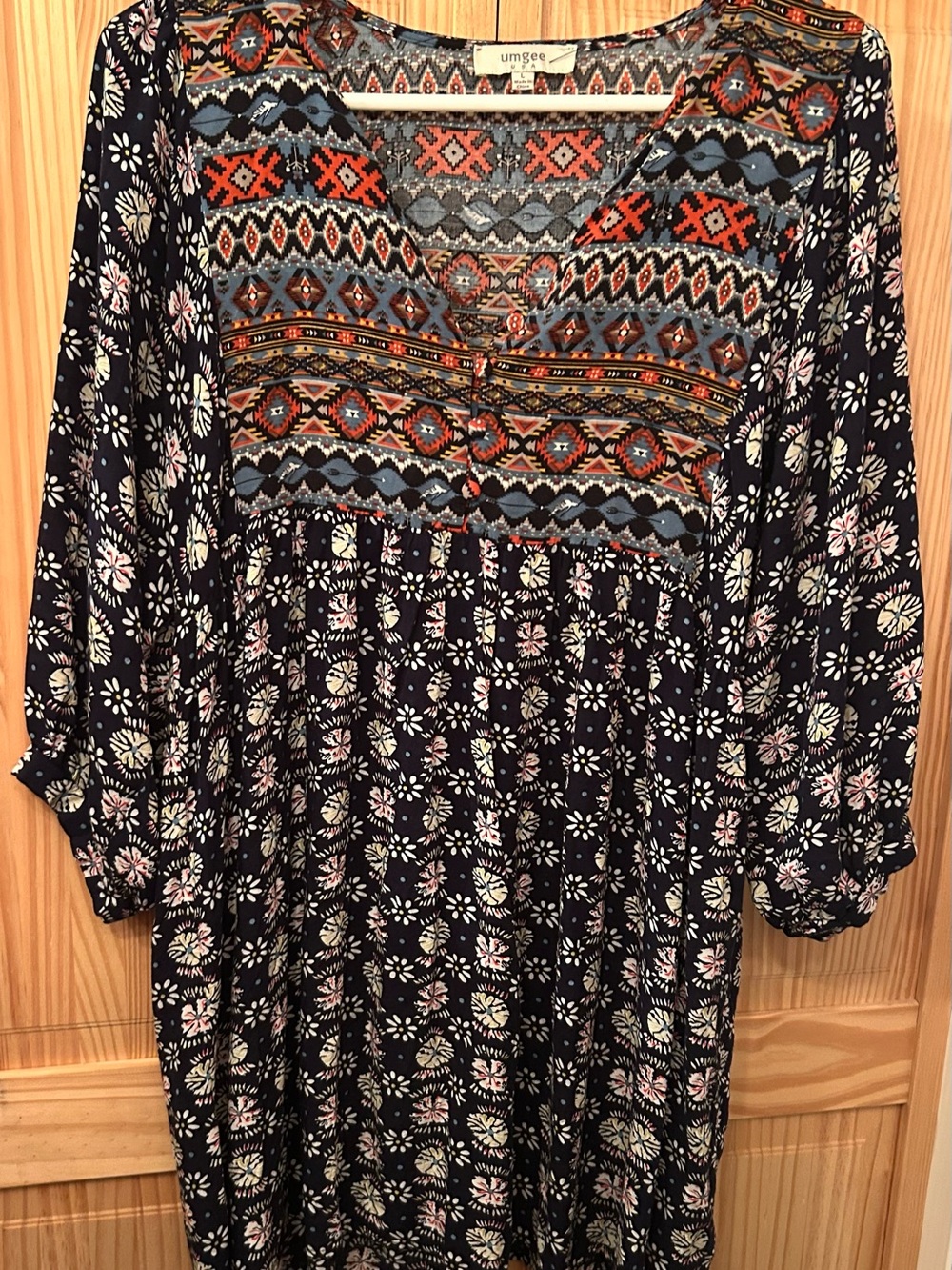 Umgee Navy Floral Boho Long Sleeve Dress with Colorful Yoke